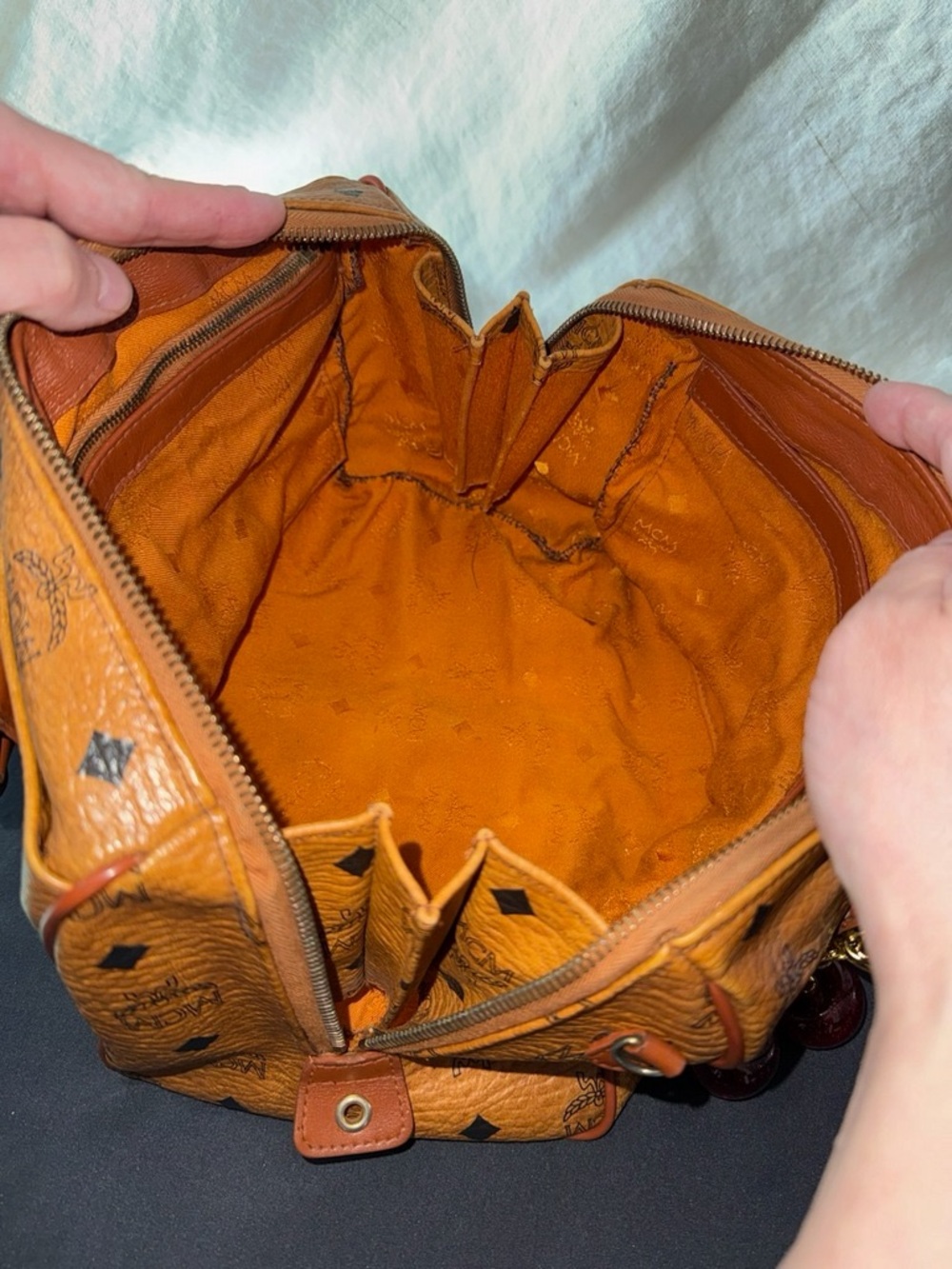 MCM Vintage Cognac Visetos Monogram Boston Bag with Cherry Charm Comes With COA - Picture 8 of 16